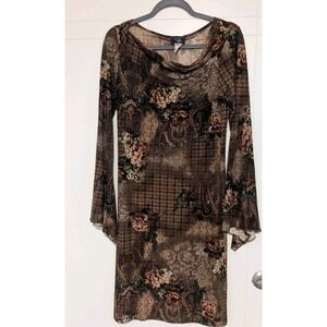 Vtg Rag Midi Dress M Brown Patchwork Bell Slv Whimsy Boho Fairy Forest Granola